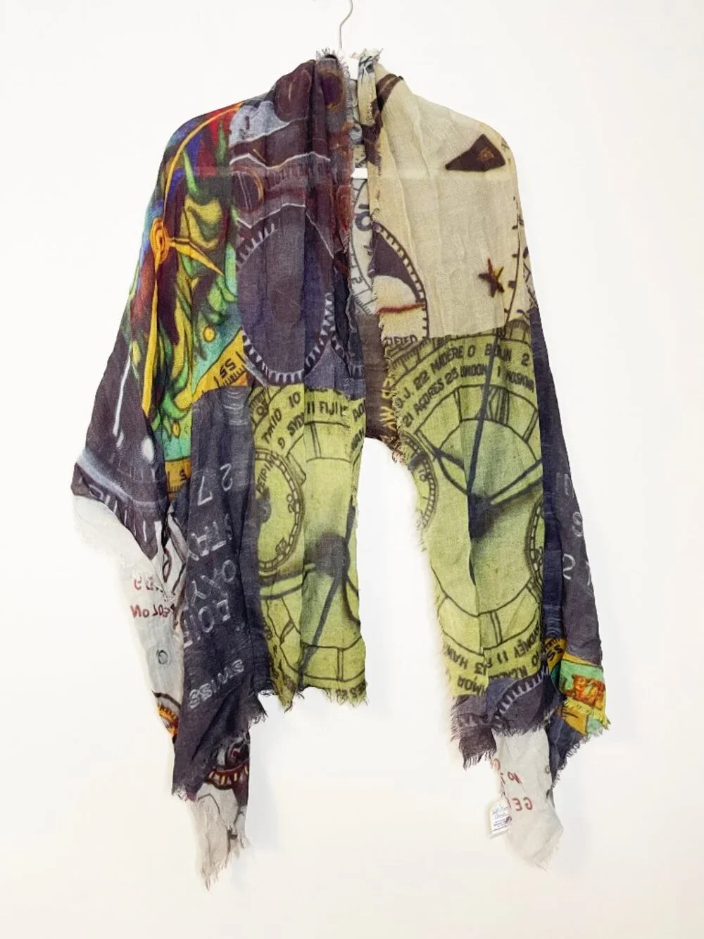 Wearable Art Wool Blend Clock Scarf Watch Print Fringe Wrap Shawl NWT GIft